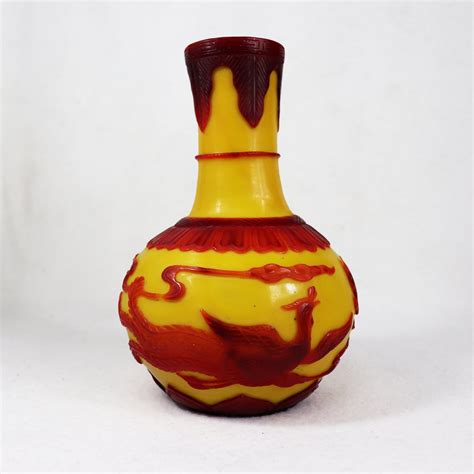 Vintage Chinese Yellow Peking Vase Red Phoenix And Dragon Overlay Baum Galleries