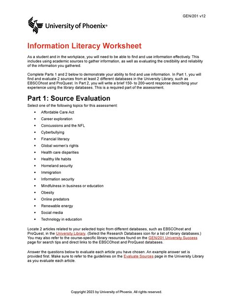 Information Literacy Worksheet This Includes Using Academic Sources