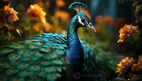 Majestic Peacock Displays Vibrant Elegance In Nature Beauty Generated