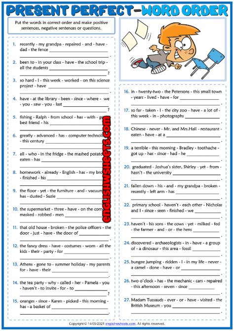 Present Perfect Tense Esl Word Order Exercise Worksheet