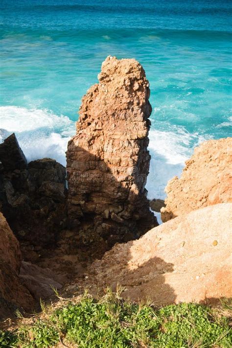 Erosion Red Soil Cliffs Rocks On Atlantic Coast In Beautiful Turquoise