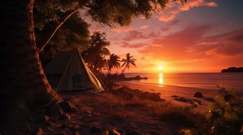 Premium Photo Tropical Sunset Over Tranquil Camping Paradise