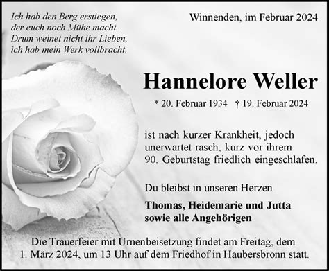 Traueranzeigen Von Hannelore Weller Zvw Trauer