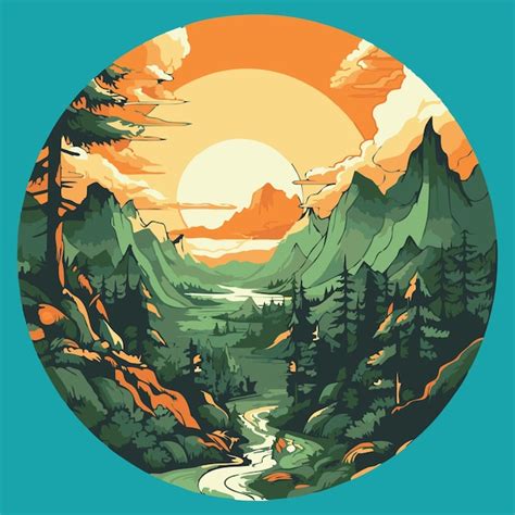 Premium Vector Mountain Landscape With River Forest And Sunset Vector