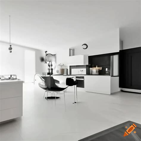 Elegant Monochrome Living Space With Modern Kitchen