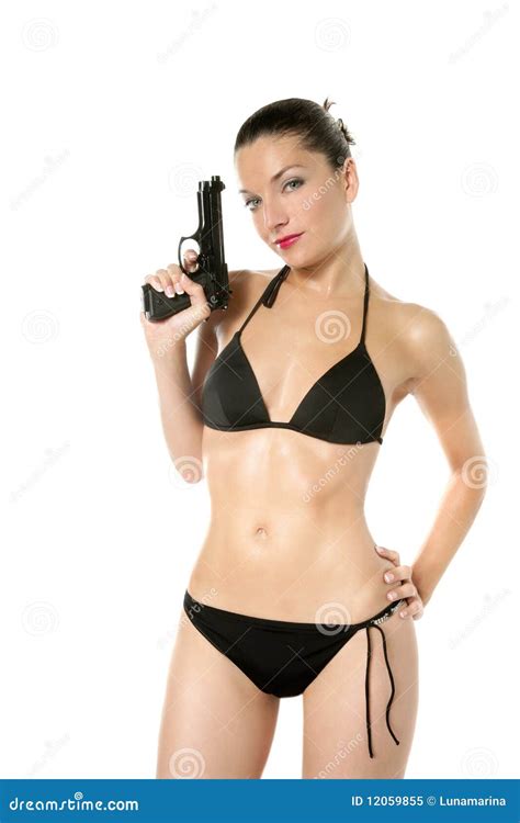 Beautiful Woman With Black Bikini And Gun Royalty Free Stock Photography CartoonDealer