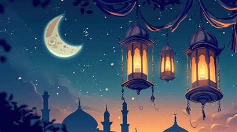 Lantern And Moon At Ramadan Kareem Cartoon Illustration Background