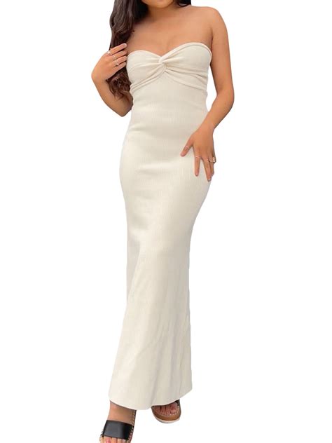 Louatui Hot Women Off Shoulder Ribbed Knit Bodycon Dress Twist Knot Front Tube Strapless