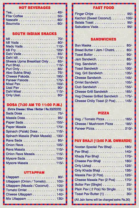 Menu Of Nootan Near Andheri West Station Mumbai