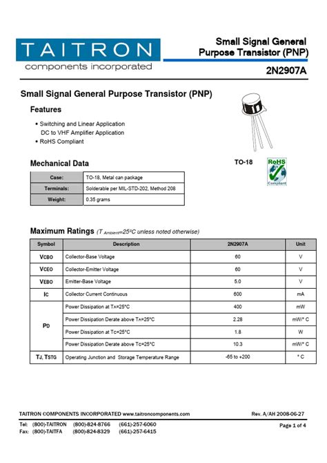 2N2907A Datasheet PDF Small Signal General Purpose Transistor