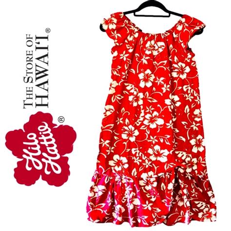 Hilo Hattie Dresses Vintage Hilo Hattie Hawaiian Red White Floral Hibiscus Cotton Ruffle