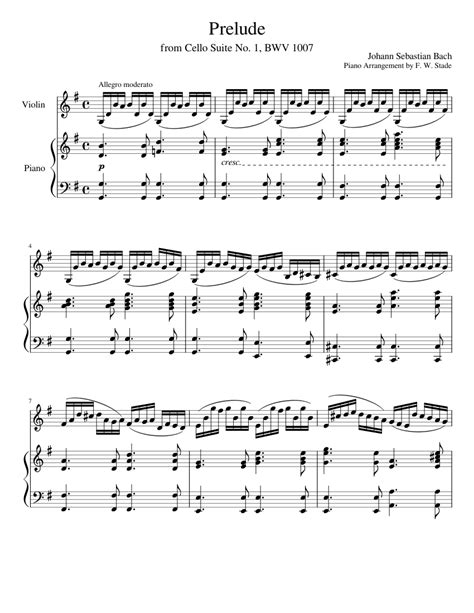 Prelude From Cello Suite No 1 Bwv 1007 By J S Bach Transcription For Violin And Piano In