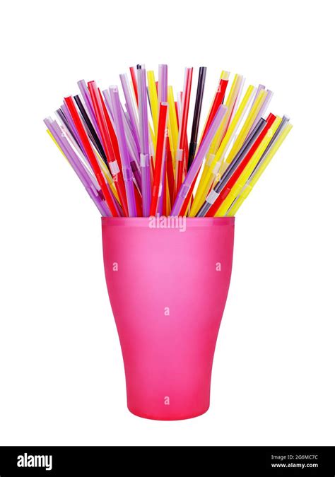 Colorful Plastic Straws In Cup White Background Isolated Closeup