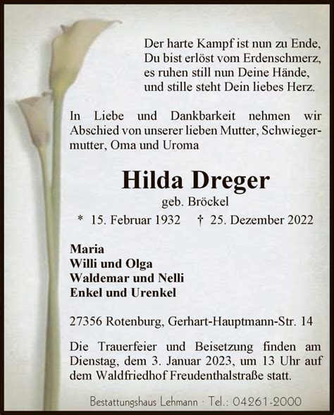 Traueranzeigen Von Hilda Dreger Trauer Kreiszeitung De