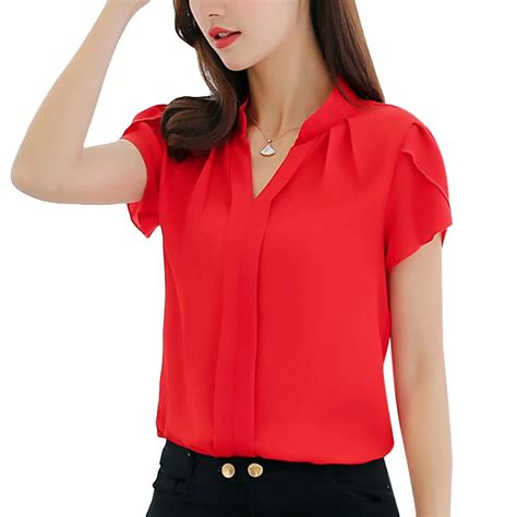 Funoc Chiffon Blouse Women Short Sleeve Women Tops Femme White Red V