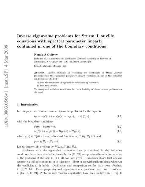 Pdf Inverse Eigenvalue Problems For Sturmliouville Equations With