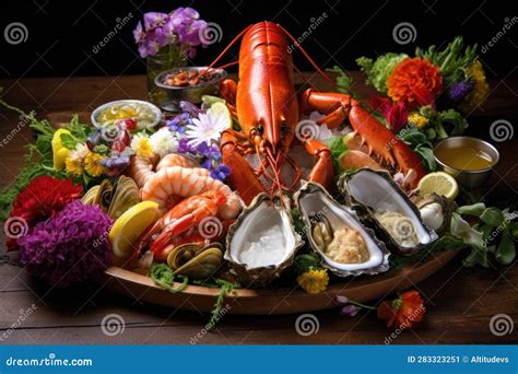 Fresh Seafood Platter With Lobster And Oysters On Ice Stock