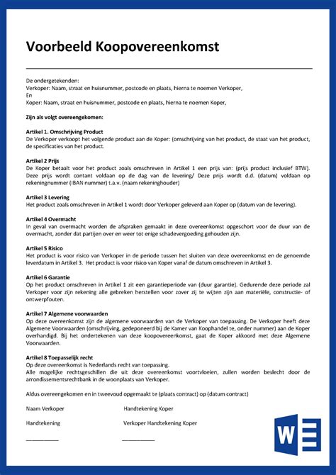 Voorbeeld Koopovereenkomst Voorbeeld Contract In Word Gratis