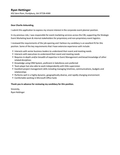 Corporate Event Planner Cover Letter Velvet Jobs