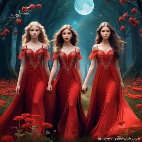 Three Girls In Red Dresses With Cut Flowers Stable Diffusion Online