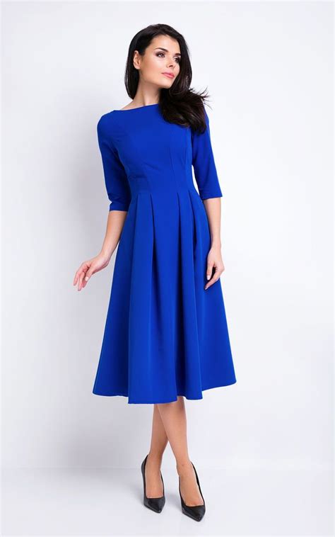 Blue Elegant Midi Dress With 3 4 Sleeves Awama Silkfred Elegant