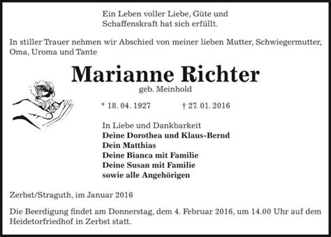 Traueranzeigen Von Marianne Richter Geb Meinhold Abschied