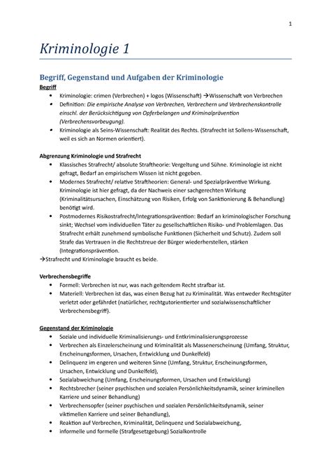 Kriminologie 1 Zusammenfassung Vorlesung Kriminologie 1 Begriff