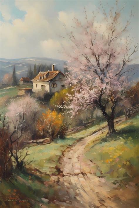 Vintage Spring Landscape Painting Vibrant Spring Scene With Blossoming