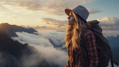 Premium AI Image | a woman on top of a mountain peak with view of ...