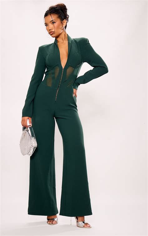 Emerald Green Mesh Tailored Wide Leg Jumpsuit | Jumpsuits & Playsuits | PrettyLittleThing AUS