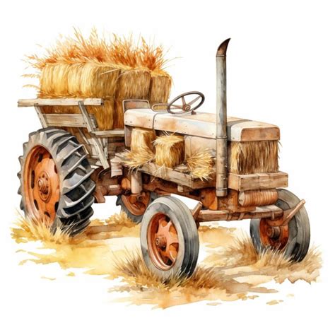 Premium Photo There Is A Watercolor Painting Of A Tractor With Hay On