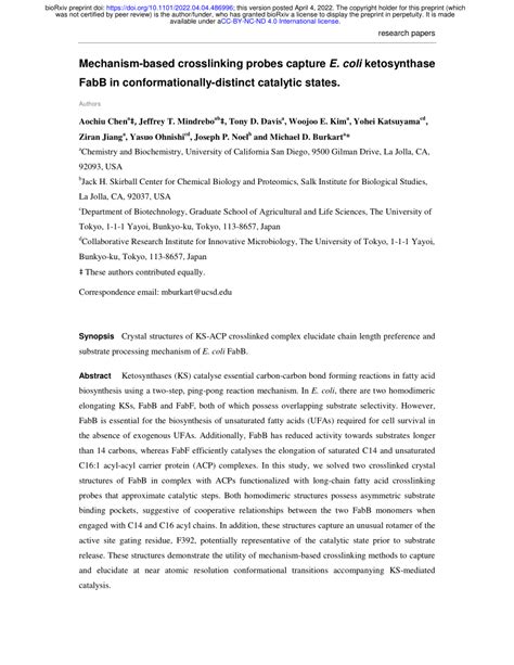 PDF Mechanism Based Crosslinking Probes Capture E Coli Ketosynthase