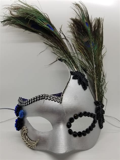 Masquerade Mask With Peacock Feathers Navy Lace Brooch And Sequins