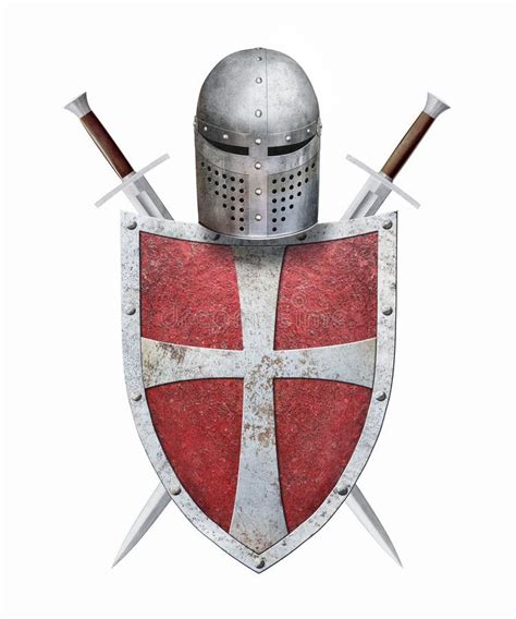 Red Metal Shield Helmet And Two Swords On White Stock Photo Image Of