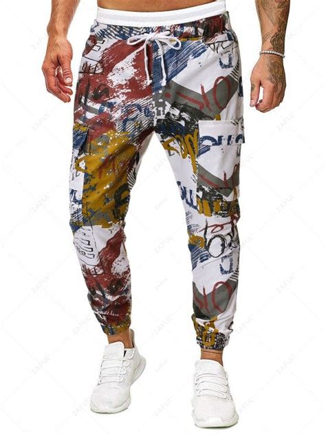 24 Off 2021 Graffiti Print Drawstring Cargo Jogger Pants In Multi