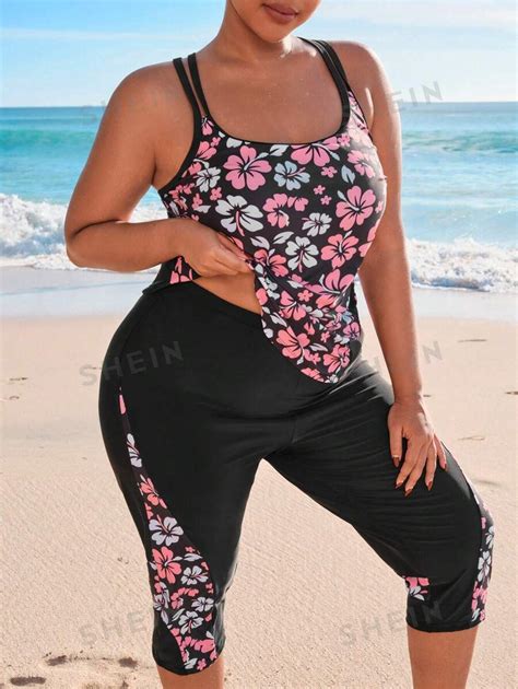 Shein Swim Sprty Plus Size Summer Beach Flower Print Splicing Tankini