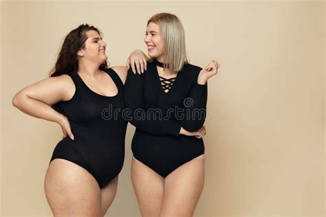 Plus Size Model Fat Woman In Black Bodysuit Full Length Portrait Brunette Standing And Looking