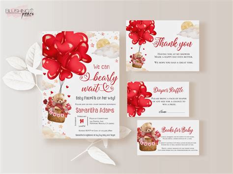 Editable We Can Bearly Wait Baby Shower Invite Pink Red Teddy Bear Hot Air Balloon Valentine