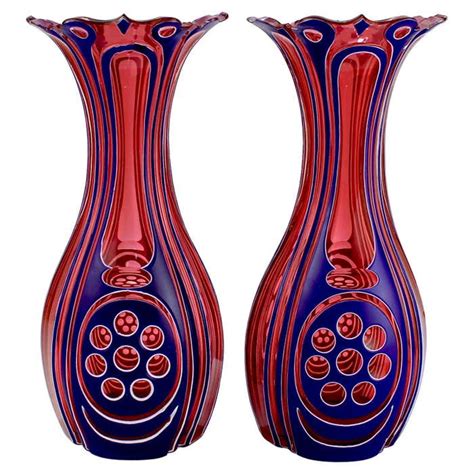 2 Antique Three Color Blue White And Cranberry Overlay Bohemian Cut Glass Vases For Sale At