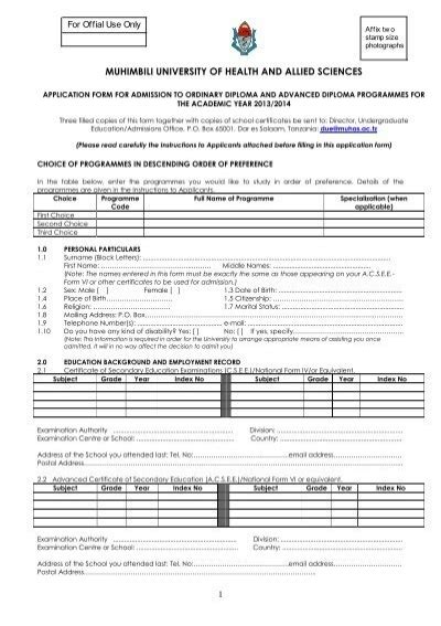 Application Form Muhimbili University Of Health And Allied Sciences