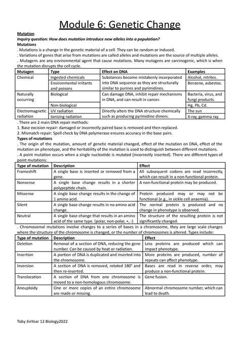 Bio Notes Mod Module Genetic Change Mutation Inquiry Question