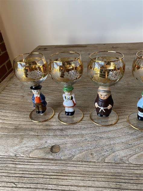 Vintage Goebel Hummel Figurine Cordial Wine Glasses Set Of 6 With Gold