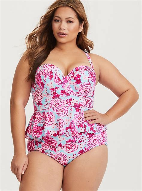 Plus Size Pink And Blue Push Up Multi Way Peplum Tankini Multi Peplum