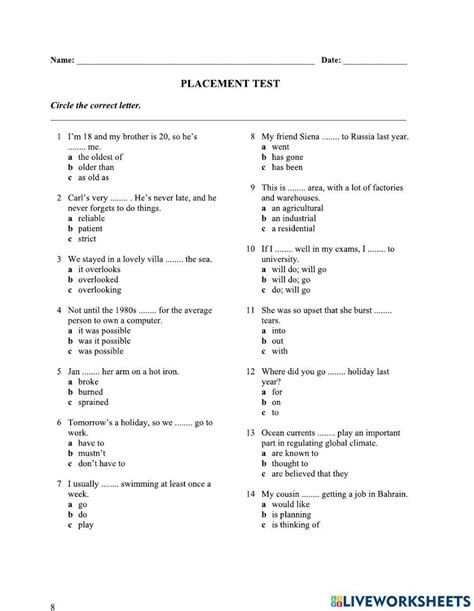 Esl Placement Test Worksheet Live Worksheets