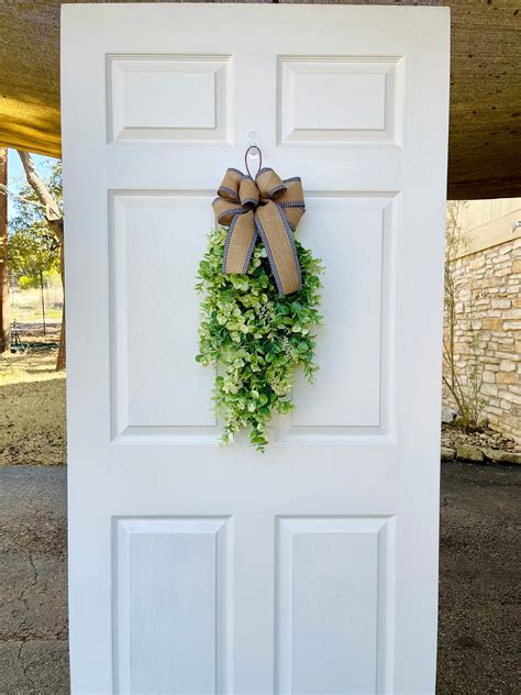 Farmhouse Eucalyptus Door Swag Greenery Swag With Bow Teardrop Swag