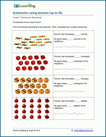 Grade 1 Subtraction with objects (0-20) - math worksheets | K5 Learning