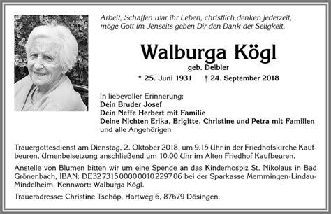 Traueranzeigen von Walburga Kögl Allgäuer Zeitung