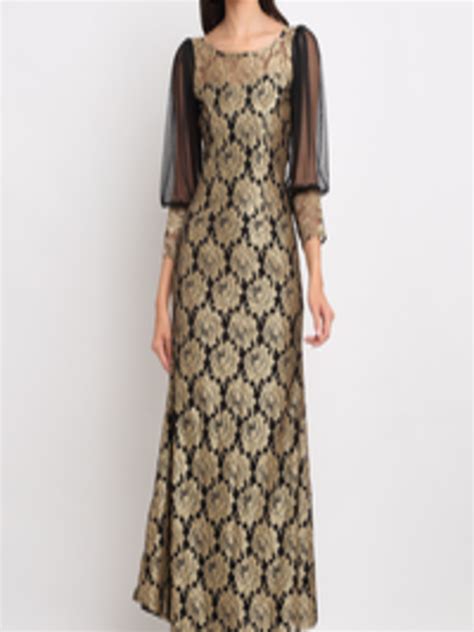 Buy Just Wow Gold Toned And Black Floral Lace Maxi Dress Dresses For