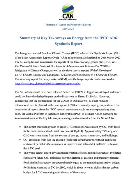 PoA Briefing Paper IPCC AR6 Synthesis Report Climate Action Network