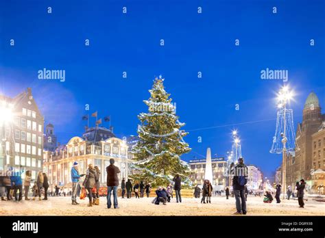 Amsterdam Christmas Tree w snow, Xmas lights in Dam Square with people ...